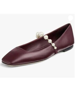FOWT Women Square Toe Slip on Flats Pearl Studded Strap Elegant Pumps Dark Red